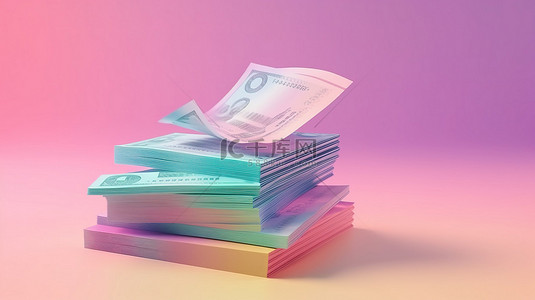 银行卡通背景图片_粉红色背景中以 3d 形式暂停的柔和欧元钞票