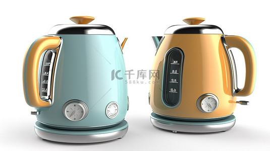 温度差异背景图片_复古设计的电热水壶，带温度控制白色背景 3d 渲染