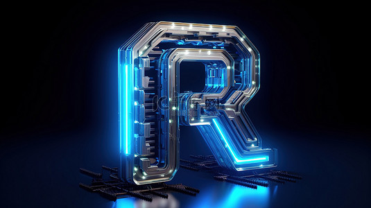 带有蓝色霓虹灯字母 r 的未来金属字体的 3D 渲染