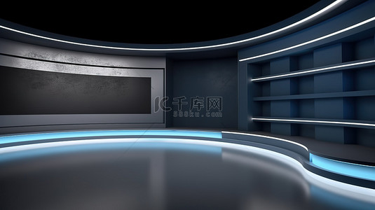 相声表演图背景图片_3D 渲染的虚拟新闻演播室背景，墙上有电视，非常适合电视节目