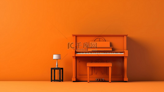 橙色工作室老式木制立式钢琴单色配色方案 3D 渲染
