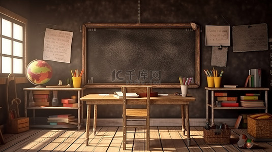 桌子背景图片_带桌子和黑板的教室的 3D 渲染