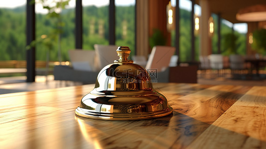 酒店服务背景图片_木桌上的酒店服务铃前台呼叫铃的 3D 渲染