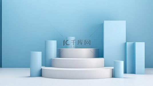 浅蓝色产品在带有台阶背景的圆柱形讲台上展示的抽象平躺组合物