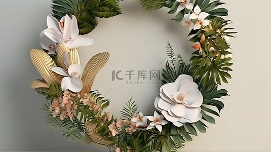 叶子花边框背景图片_3D 渲染的问候和邀请卡，具有圆形花框，郁郁葱葱的绿色植物和盛开的花朵