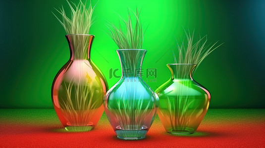 三色渐变背景图片_闪亮的霓虹灯玻璃背景，带有三个 3d 渲染的花瓶和草铃