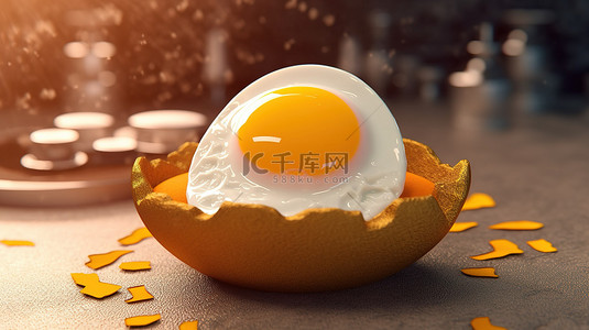 以太坊单面早餐与加密蛋黄的 3D 渲染插图