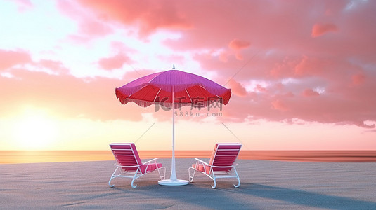 棕榈树成荫的海滩的 3D 渲染，海滩上有粉红色的天空和日落，配有一把伞椅