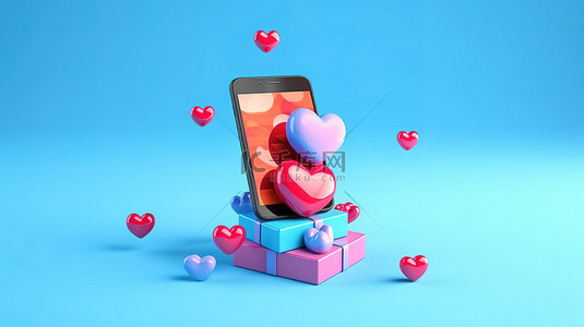 3D 渲染的智能手机和蓝色背景的心形礼品盒，营造充满爱的情人节概念