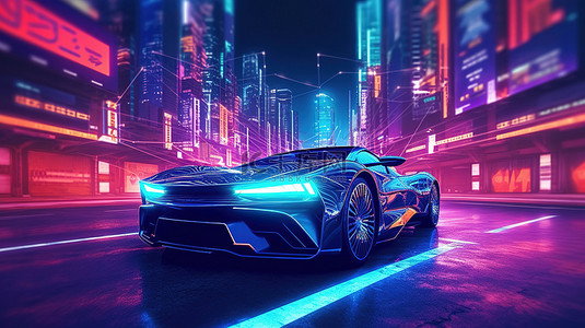 城市夜背景图片_3d 渲染的霓虹灯城市驾驶未来汽车