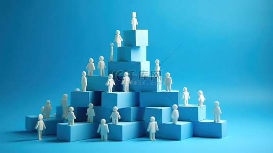 白色蓝色背景上按层次结构排列的企业雕像的 3D 插图