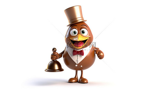 白色背景的 3D 渲染，带有酒店服务铃和棕色鸡蛋人吉祥物