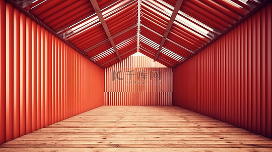 金属质感红色背景图片_带有波纹红色金属板的木结构的 3D 插图
