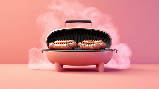 烤肠奶茶背景图片_粉红色背景烤香肠与烟雾 3d 插图
