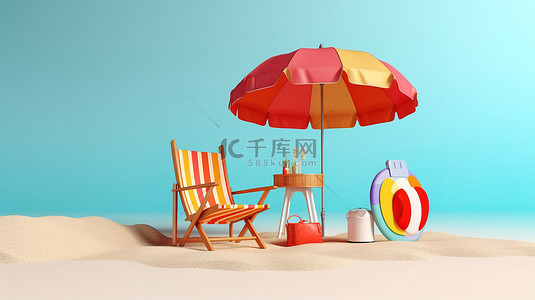 伞背景图片_充满活力的海滩场景 3D 渲染夏季椅伞和彩色元素