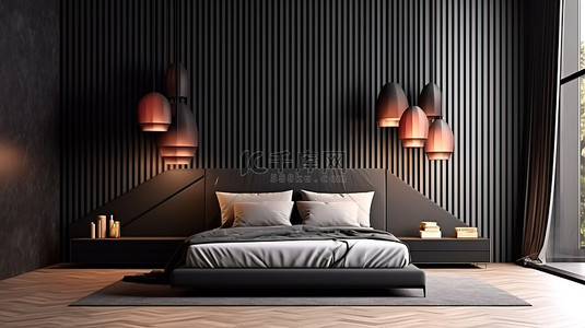 高清家居背景图片_布置时尚的卧室配有现代板条墙双人床床头柜地毯装饰和吊灯 3D 渲染