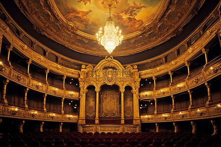 欧洲的。欧洲背景图片_一个装饰华丽的剧院，有许多灯具和枝形吊灯