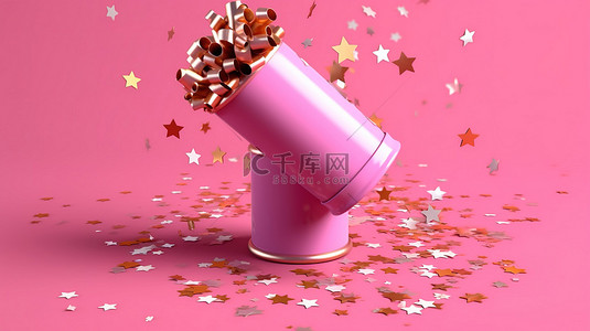 节日礼花装饰背景图片_粉红色背景上充满星星礼物和五彩纸屑的节日饼干的 3D 渲染