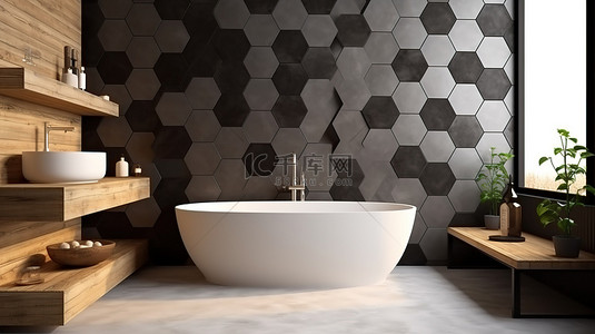 砖背景图片_时尚的浴室设计，配有浴缸和 3D 六角形墙砖