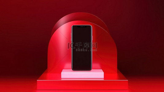 带 3D 渲染智能手机的红色讲台展示台非常适合在舞台基座上展示移动设备模型