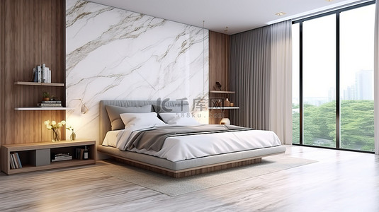 设计板背景图片_优雅简约的卧室设计，配有集成床头板和电视柜，3D 渲染中木材和白色大理石的惊人融合