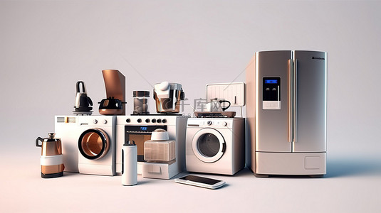 厨房必需品 3D 渲染的一套家用电器