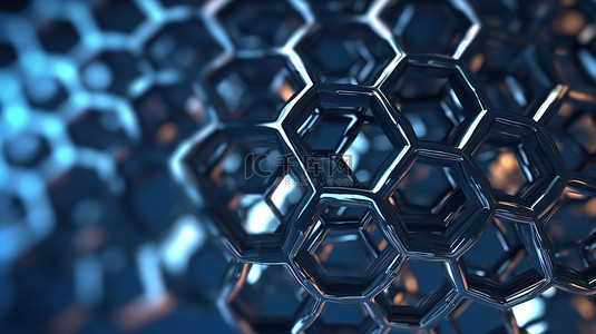 抽象纳米技术 3D 渲染中六边形几何形状的特写，说明石墨烯原子结构和碳成分