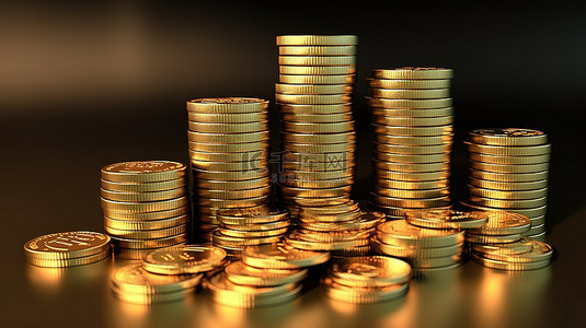 条形图中金币的 3D 渲染，说明业务增长和财务成功