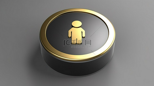 用户人物元素背景图片_3D 渲染灰色圆形钥匙按钮，具有金色人物符号和界面 ui ux 元素