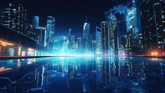 被发光水照亮的 3D 渲染夜晚城市