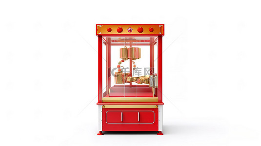 白色背景上 3D 渲染的嘉年华主题红色玩具爪起重机街机顶部的金色奖杯