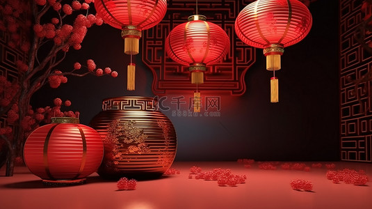 新年传统节日海报背景图片_优雅的 3D 渲染红灯笼节概念，用于中国主题演示
