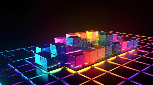 抽象背景上发光的 3D 立方体，霓虹灯数字艺术照亮