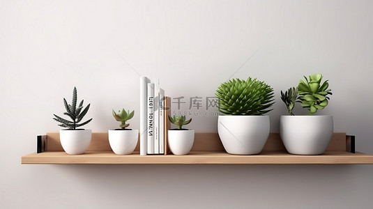古书背景图片_微型盆栽植物在 3D 渲染中为木制书架增添了生命