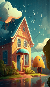 雨滴云朵背景图片_房子云朵雨滴雨天的卡通可爱背景