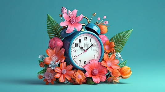 蓝色背景上装饰有郁郁葱葱的绿叶的粉色时钟的彩色花朵的 3D 插图