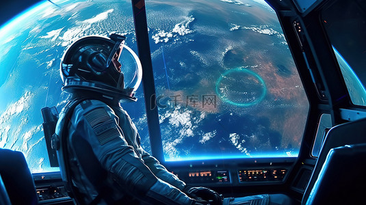 地球内部背景图片_未来派宇宙飞船与宇航员在 3D 渲染中的太空和科幻背景的富有想象力的概念