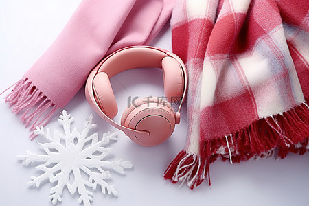 围巾背景图片_白色背景上有雪花的围巾和耳机