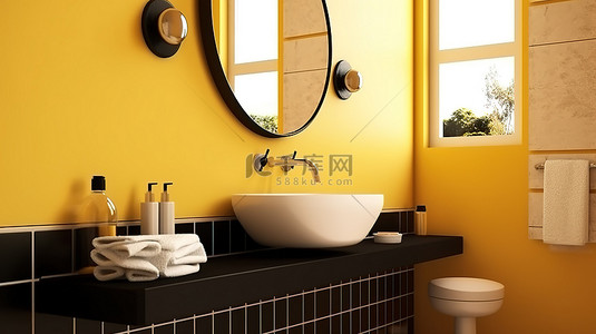浴室背景图片_复古风格的酒店浴室黄色瓷砖墙壁矩形镜子和角落里的黑色圆形洗脸盆3D 渲染
