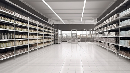 店铺内部背景图片_带有 3d 渲染货架和展示的超市内部