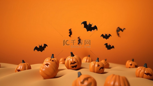 万圣节吸血鬼背景图片_万圣节主题的漂浮南瓜群在 3D 渲染中设置在带有云和蝙蝠的橙色背景下