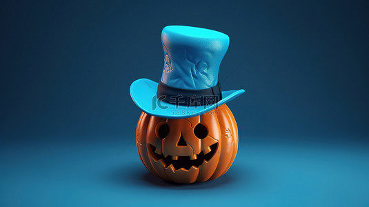浅蓝色背景上戴着帽子的 3D 南瓜头万圣节快乐水平视图