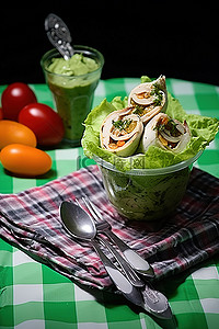 拉绿色背景图片_绿色餐巾上的沙拉和冰淇淋