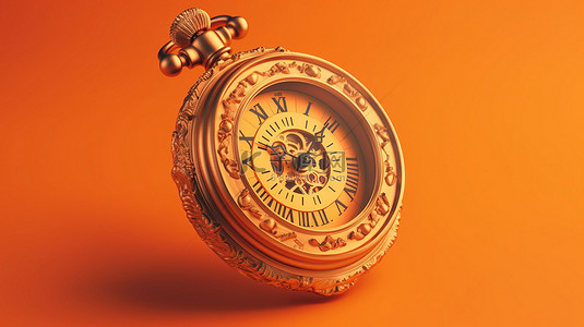 孤立的橙色背景上的复古秒表图标与金色古董圆形时钟
