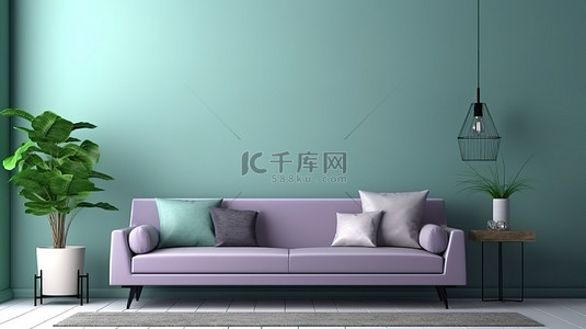 木板背景图片_现代时髦的内饰，配有紫罗兰色沙发和白色桌子模拟海报，显示在绿墙 3D 渲染上