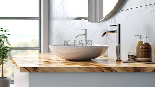 特写浴室视图中容器水槽的 3D 渲染，木制台面上有模型空间