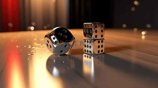两个骰子在 3D 渲染中翻滚到反光黑色桌子上