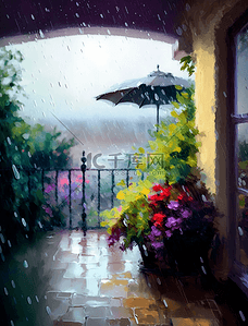 花瓣雨背景图片_雨滴鲜花雨中的阳台花园油画花卉背景