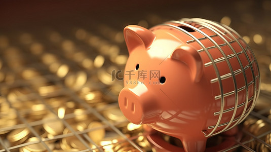 经济封锁存钱罐，笼子里装着溢出的硬币，描绘储蓄和经济困境 3D 渲染