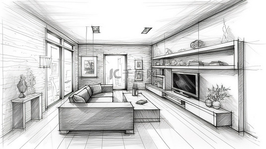 当代客厅墙单元手绘草图，白色背景，具有 3D 效果图